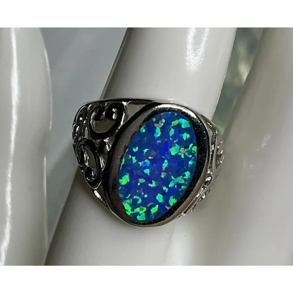 Vintage Sterling Silver Blue Green Oval Opal Filigree Ring Size 9